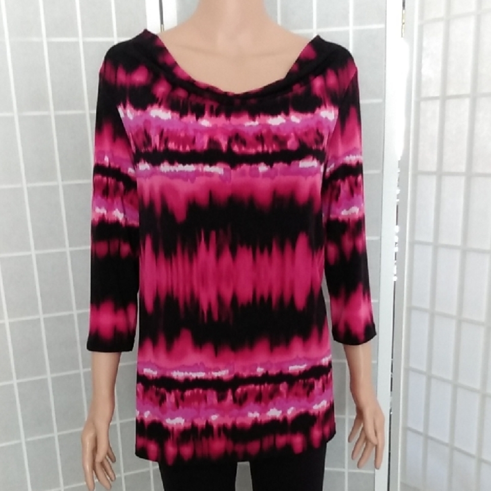 Susan Graver Pink & Black Top W/ Cowl Neck- WMNS Small -Relaxed Fit -3/4 Sleeves